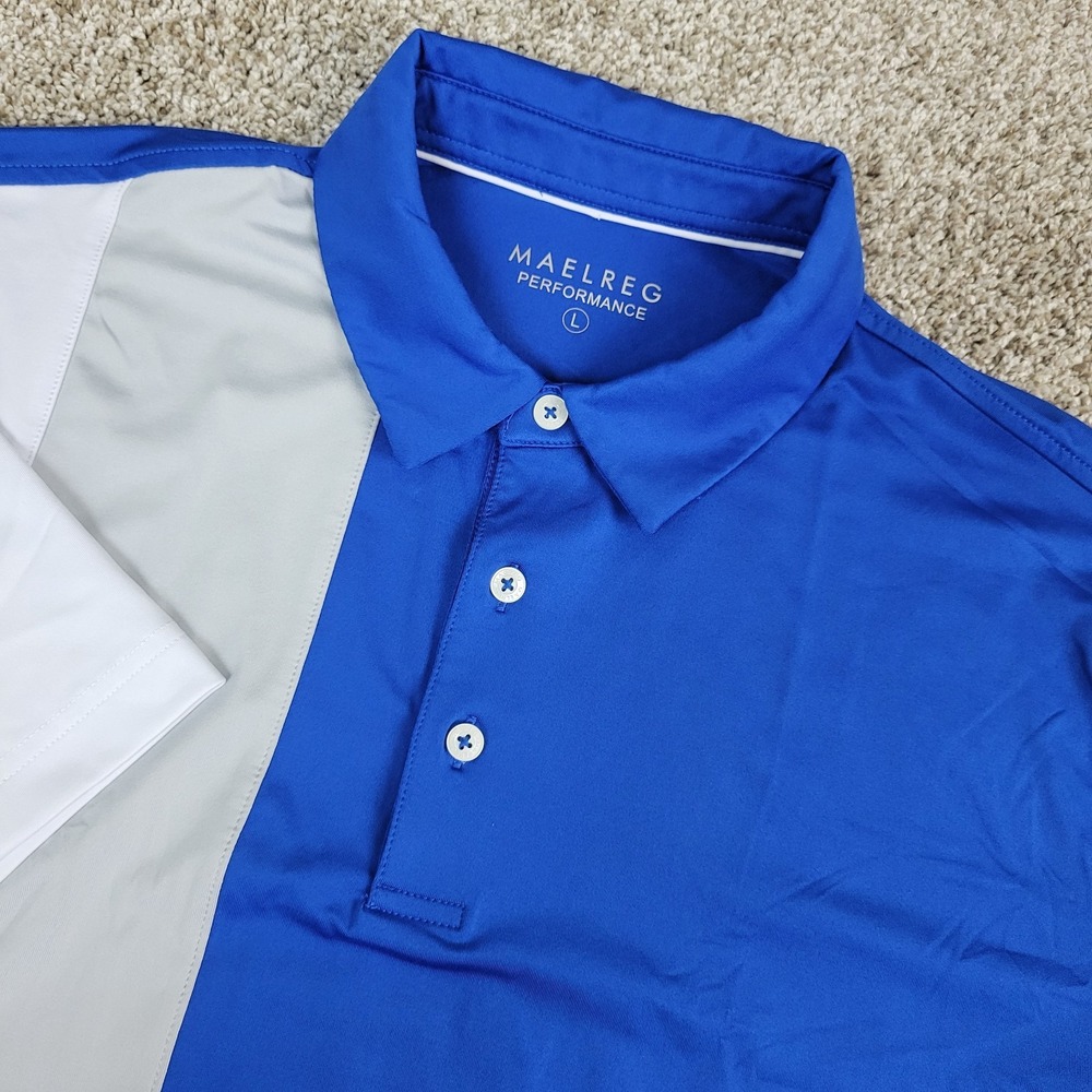 Maelreg Mens Large Blue White Gray Colorblock Performance Stretch Polo SS